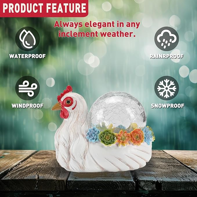 Solar Chicken Garden Statue Lights for Outdoor Decor with Cracked Glass LED Rooster Figurine Lighting Resin Succulent Hen Decorations for Patio Lawn Yard Home Housewarming Mom Wowen Gifts