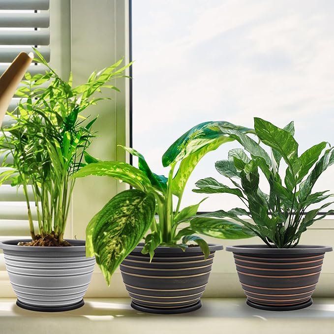 12 inch pots for Plants,Large 3 Pack Outdoor Flower Pots with Saucer and Drainage Holes, Plastic Plant Pots,Retro Antique Imitation Decorative Garden Containers Sets for Houseplant(White)