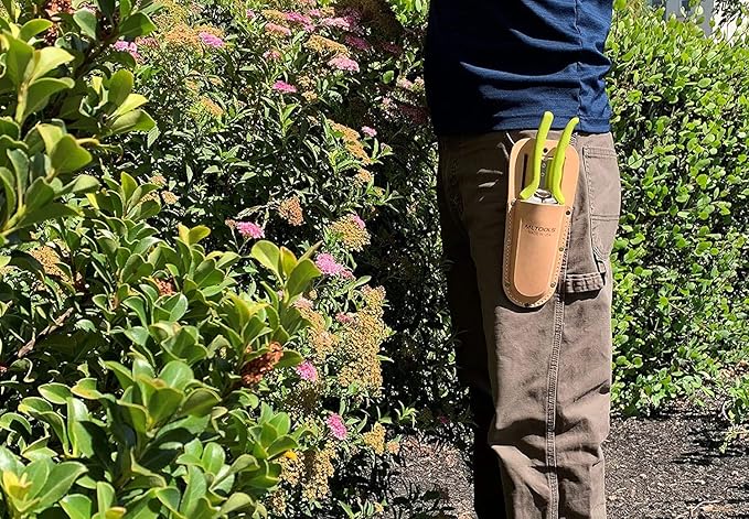 Leather Holster for Pruning Shears | Made in USA | 100% Fine Grain Leather | Gardening Equipment Case with Steel Metal Clip | Nifty Pouch for Hand Pruners | Wide Belt Slits