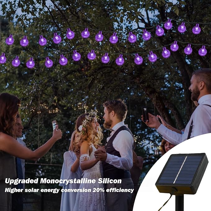 Solar Lights Outdoor Waterproof, 2 Pack Total 120LED 72FT Solar String Lights for Outside w/ 8 Modes, Outdoor String Lights Crystal Globe Patio Lights for Garden Yard Party Decor (Purple)
