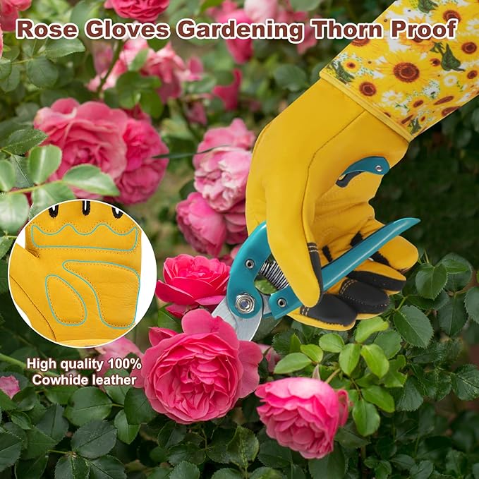 DLY Gardening Gloves for Women, Rose Gloves Gardening Thorn Proof, Long Garden Gloves for Women, Breathable Cowhide Leather Gauntlet (Medium, Yellow