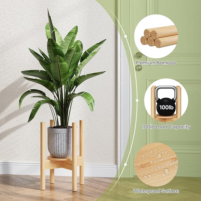 2 Pack Adjustable Plant Stand, Bamboo Plant Stand Indoor with Tray, Wood Plant Stand for 8 to 12 inches Flower Pots, Single Mid Century Modern Plant Stand for Indoor Plants, Natural