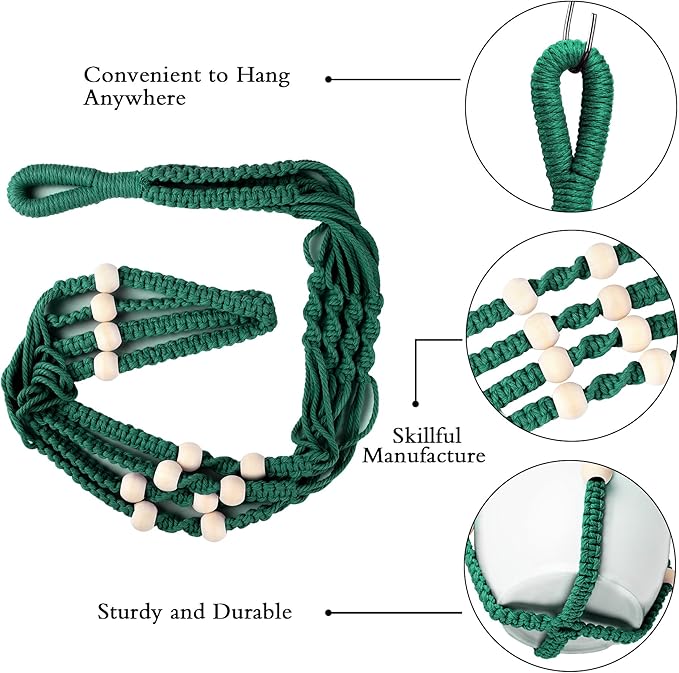 Augshy Macrame Plant Hangers Dark Green Hanging Planters for Indoor Outdoor Home Decor, Hanging Plant Holder No Tassels Set of 2 with 4 Hooks