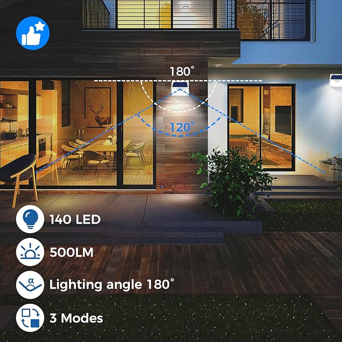 Peasur White Solar Lights Outdoor Waterproof, 6Pack 140LED Solar Powered Motion Sensor Light, 3 Modes Security Wall Lights for Fence Garden Yard Outside