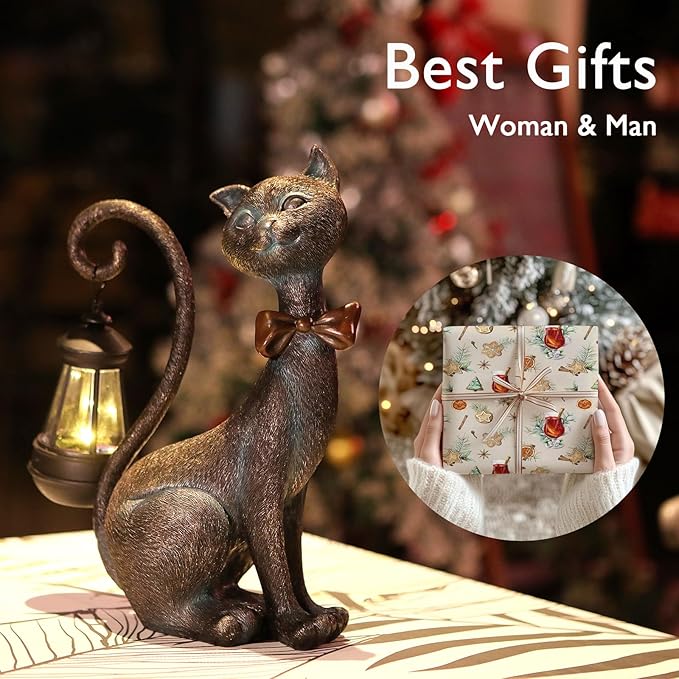 Whimsical Outdoor Cat Statues with Solar Garden Lantern:Cat Garden Statues for Outside Decor Clearance,Outdoor Figurine for Yard Art Lawn Ornaments Patio Balcony Home House - Valentines Birthday Gifts