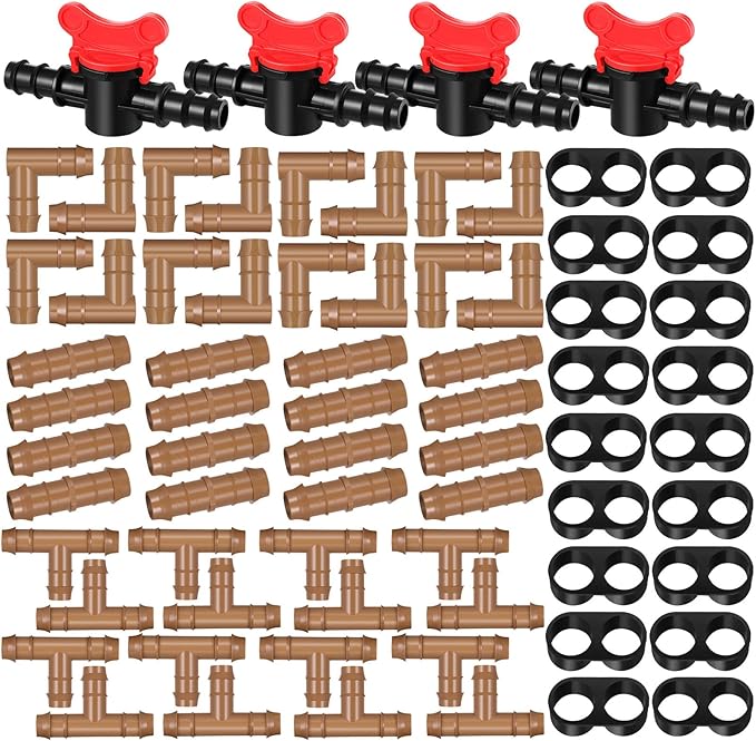 68 Pcs Drip Irrigation Fitting Kit 1/2 Inch Tubing Set, Switch, Tee, Coupling, Elbow and End Cap Plastic Plug, Drip Irrigation Connector for Compatible Drip or Sprinkler System