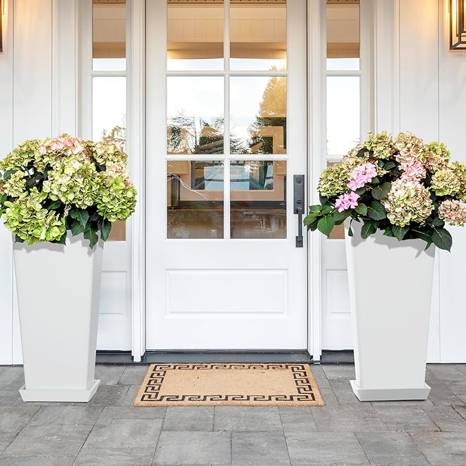 Set of 2 Large Tall Planter for Indoor or Outdoor 24" Tall Flower Pots Tapered Tall Planters with Tray for Porch, Patio, Backyard, Large Planters for Outdoor Indoor Plants(White)