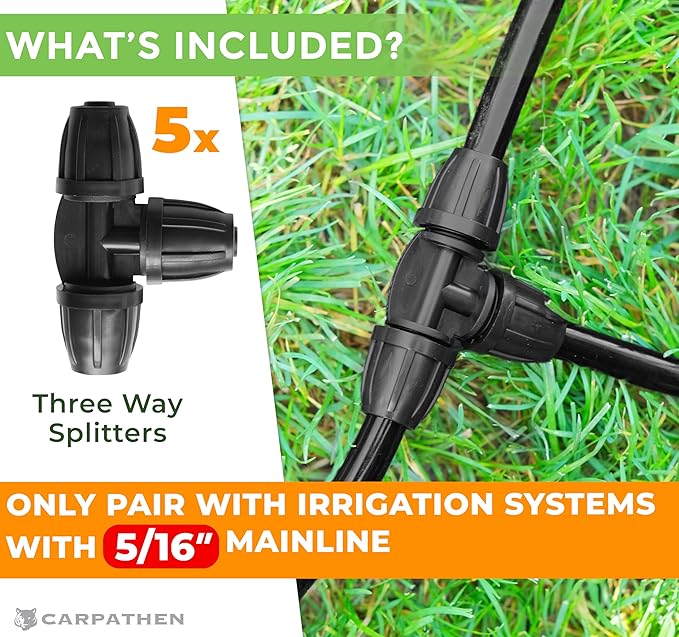 CARPATHEN 5pcs Barbed Tee Connector for 5/16 Irrigation Tubing (.42" OD x .30" ID) - Splitter 3 Way Lock T Connectors for Drip Irrigation System - Drip Irrigation Fittings