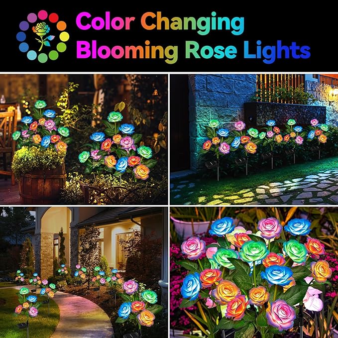 WdtPro 2025 New Solar Lights Outdoor Decorative 6 Pack, Garden Lights Solar Powered Flowers Rose Light Waterproof, Color Changing Solar Outdoor Light for Outside Patio Yard Grave Garden Decor, Gifts