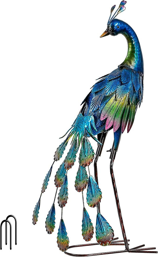 TERESA'S COLLECTIONS Outdoor Decor Peacock Yard Art Garden Sculptures & Statues,Blue Small Metal Bird Lawn Ornaments,18" Outside Mardi Gras Decorations for Porch,Patio,Pond Decor,Gifts for Mom