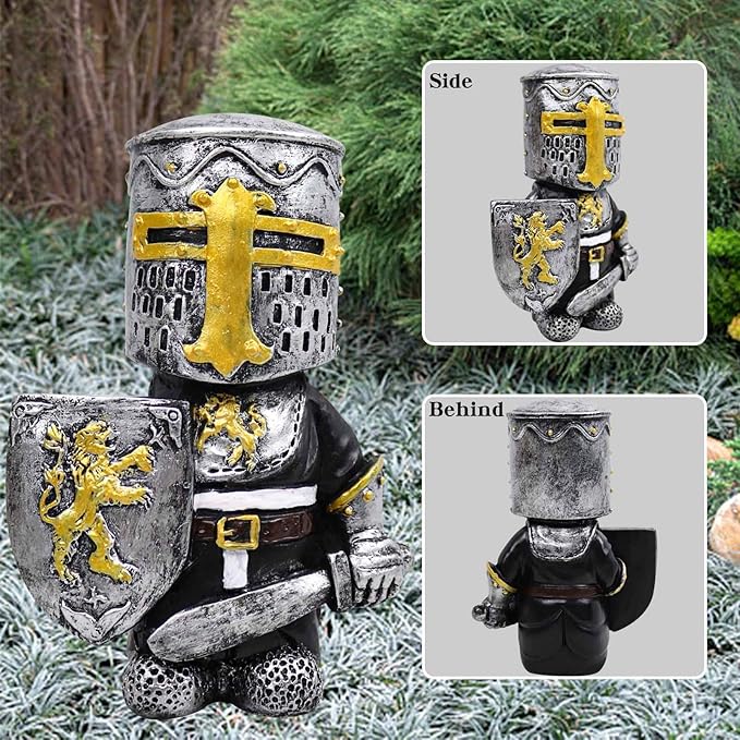 nezababy Knight Gnomes Guard Garden Statue Decoration Medieval Wee Crusader Battle Swordsman Fighting Outdoor Figurines Lawn Decor Resin (A)