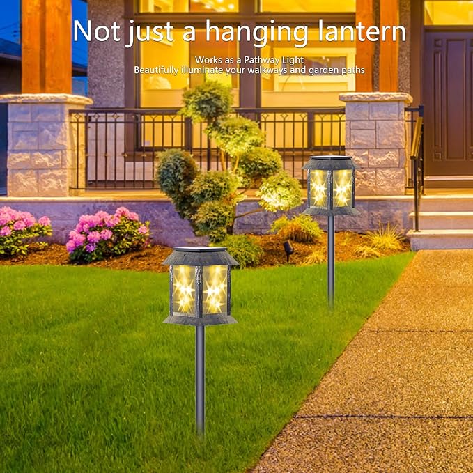 2 Pack Solar Lanterns Outdoor Waterproof, 3D Hanging Solar Lights, Type-C Rechargeable LED Pathway Lights with 2 Modes (Steady & Flashing), for Garden Decor, Patio, Yard, Camping