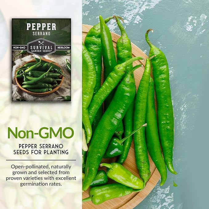 Survival Garden Seeds - Serrano Pepper Seed for Planting - 3 Packs with Instructions to Plant and Grow Spicy Mexican Peppers in Your Home Vegetable Garden - Non-GMO Heirloom Variety