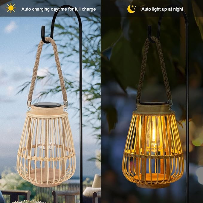 Solar Lanterns Outdoor Hanging Lights Waterproof Rattan Bamboo Solar Powered Light with Twine Handle Decorative Garden Table Lamp for Patio Yard Tabletop Tree Pathway Home Decoration