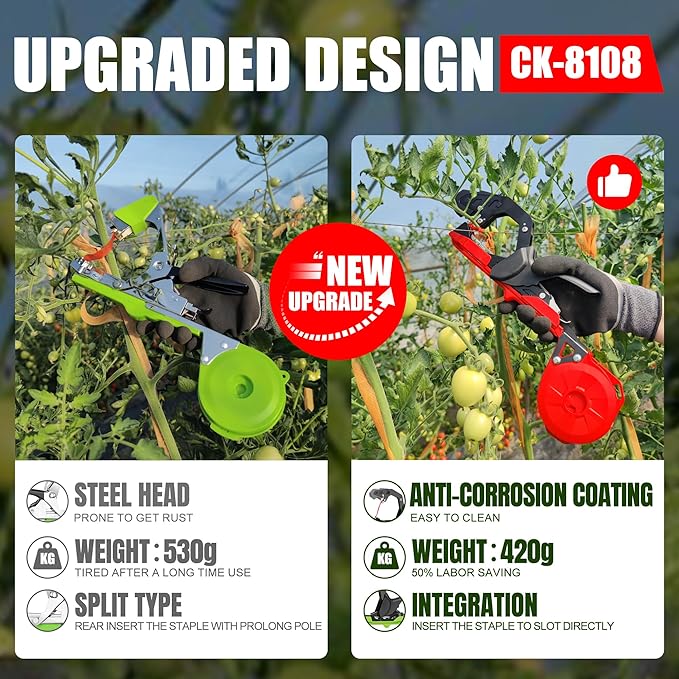 Plant Tying Machine with Green Tape, Lightweight Plant Tape Gun Tool to Tie Up Vine, Plant Tapener Tying Tool for Tomato, Grape, 10000pcs Staples 20 Rolls Tape (Red)