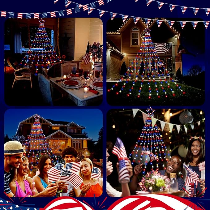 4th of July Decorations Lights, Red White Blue String Lights 320 LED 11.5 Ft Flag Stars Patriotic Light with Big Star Topper Waterproof 8 Light Modes for Indoor Outdoor Memorial Day Independence Day