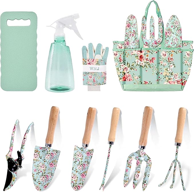 WNJ Gardening Tool Set, 10 PCS Heavy Duty Floral Pattern Garden Tools Set Kit, Complete Gardening Tool Bag Set, with Non-Slip Rubber Handle, Best Gardening Gifts for Women