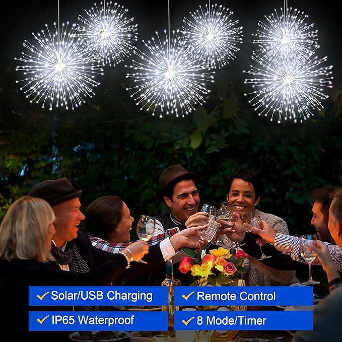 Solar Firework Lights Outdoor, 600 LED Starburst Light Outdoor with USB Rechargerable, 8 Modes Waterproof Solar Hanging Lights for Gazebo Yard Party Wedding Decorations(White, 600 LED)