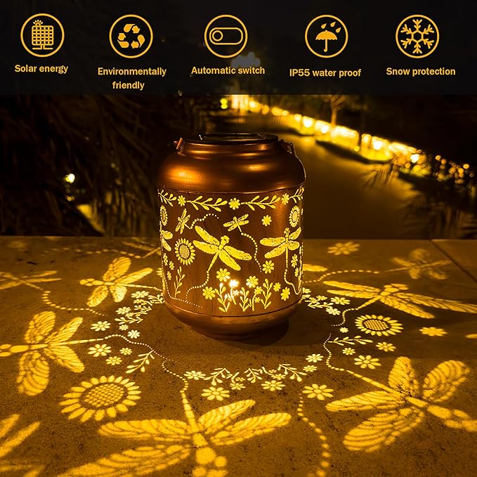 Solar Lanterns Outdoor, Waterproof Hanging Solar Lantern Garden Decor, Solar Lights for Backyard Porch Patio Table Yard Balcony Lawn Pathway, Dragonfly Gifts for Women Grandma Mom