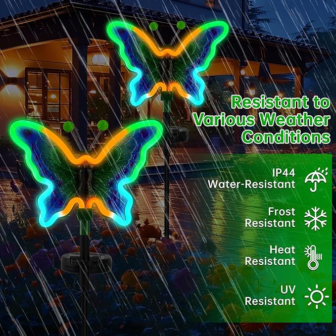 Butterfly Solar Garden Lights, Solar Butterfly Outdoor Lights, Garden Solar Decor for Outside,Solar Neon Lights,Yard Decorations Outdoor (Green,2pack)