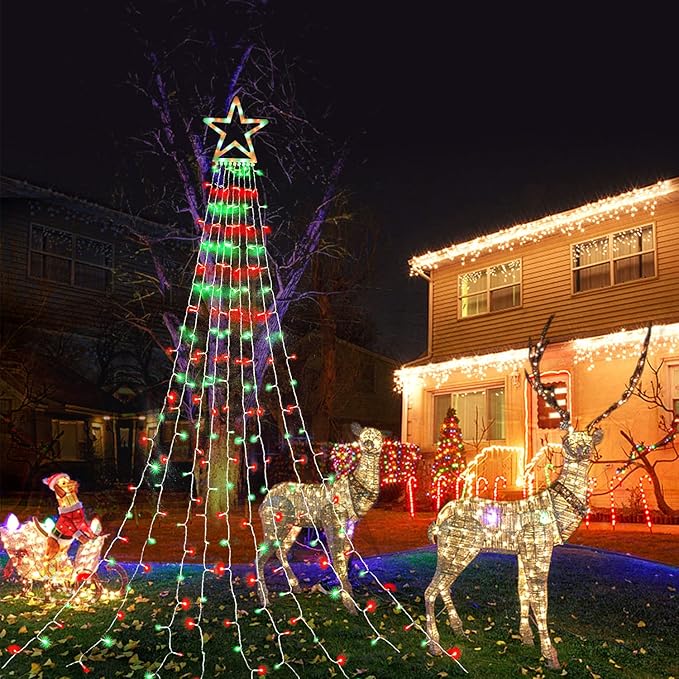 Christmas Decorations Star String Lights, 320 LED Waterfall Tree Lights with 13" Topper Star 8 Lighting Modes Indoor Outdoor Decorative for New Year, Holiday, Wedding, Party