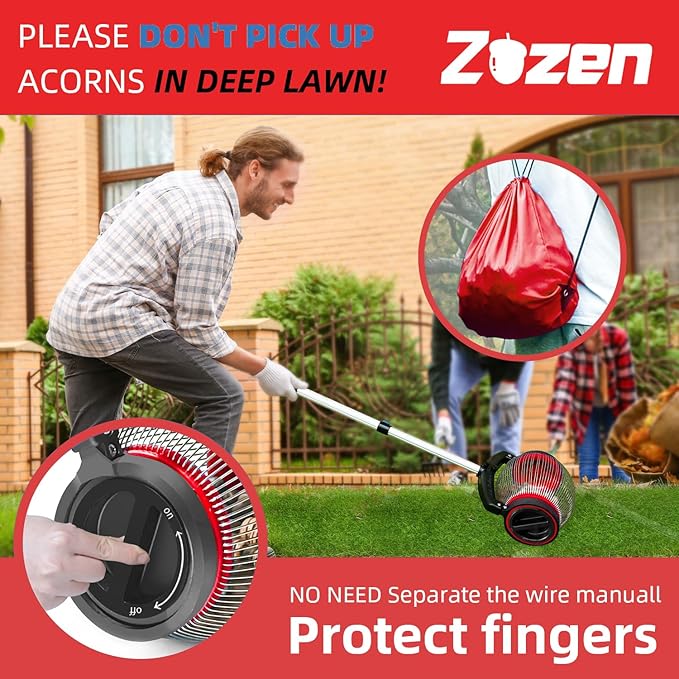 Zozen Acorn Picker Upper Roller, Acorn Dedicated Version | High Density Steelwire Gap - Side Opening Dump, Also Apply to Nerf Balls, Pick Up Size 3/8'' to 1'' Small Diameter Objects, Capacity 1 Gallon