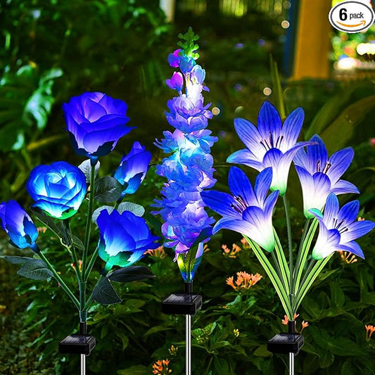 Solar Flowers Lights, 6 Pack Lily Rose Delphinium, Waterproof Gardening Gifts for Mom Grandma Women, Multi-Color Changing Outdoor Lights for Garden Yard Patio Lawn