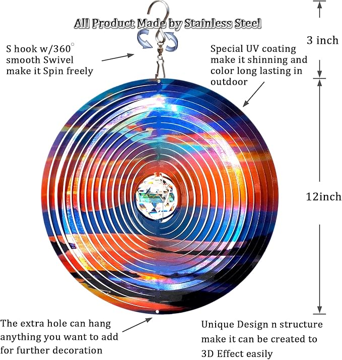 FONMY Mandala Wind Spinner w/Crystal Ball-Rosy Down 3D Stainless Steel Hanging Spinners Worth Gift Christmas Decoration Indoor/Outdoor Garden Décor Kinetic Yard Art 12 Inches Wind Sculpture