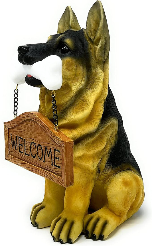 Nature's Mark German Sheperd Dog Puppy Statue with Reversible Welcome Sign and Go Away Sign Resin Garden Decor 12" H