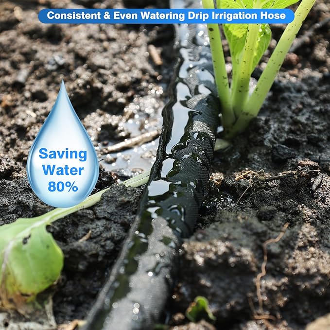 Flat Soaker Hose 25FT,Drip Hose for Garden Beds Linkable Irrigation System Lightweight and Easy Watering for Tree Plant and Save 80% Water for You(25FT)