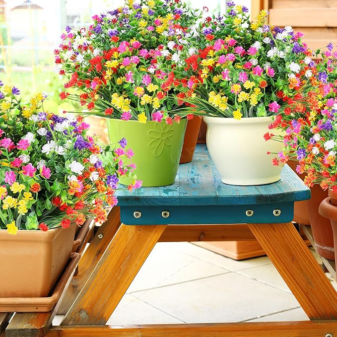 24 Bundles Artificial Flowers Outdoor,No Fade Fake Plastic Flowers Faux Plants for Decoration Hanging Planters Indoor Outside Garden Porch Window Box Home Farmhouse Wedding
