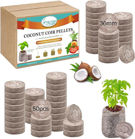 Legigo 50 PCS Coco Coir Seed Starter Plugs, 35mm Coconut Coir Pellets Seed Starter Soil for Plants, Compressed Seedling Starter Pods Pellets Seed Sprouted Potting Soil for Flowers, Herbs, Vegetables