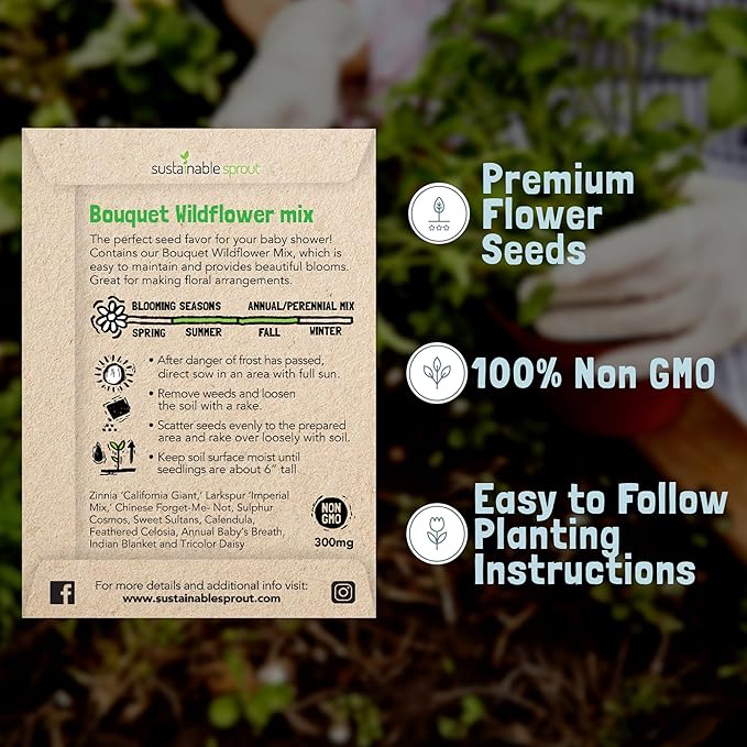Wildflower Seed Packets Party Favors: 25 Pack Oh Baby Colorful Mix of Flowers for Planting, Gardening, & Any Baby Shower, Bulk Seed Packets for Spring & Summer Blooms, Thank Guests by Sustaible Sprout