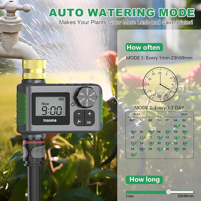 Sprinkler Timer Brass Inlet, Hose Timer for Watering, Programmable Water Timer with Rain Delay/Manual/Automatic Irrigation System, Digital Water Hose Timer for Outdoor Lawn Garden, IP55 Waterproof