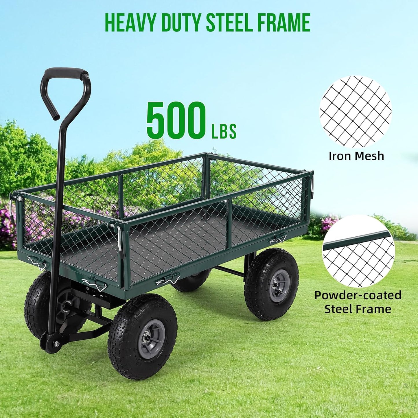 Heavy Duty Steel Garden Cart Folding Utility Wagon with Removable Cart Liner, 500 Lbs Capacity