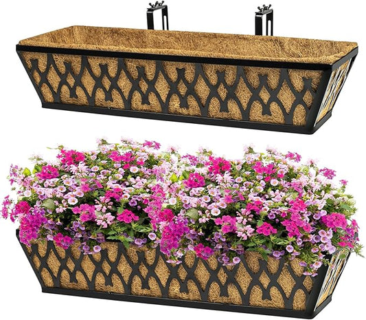 2 Pack 24 Inch Window Boxes Planters Railing Planter Box with Adjustable Brackets for Porch Fence Patio Balcony Hanging Flower Baskets with Coco Liners for Outdoor Garden Décor - Black