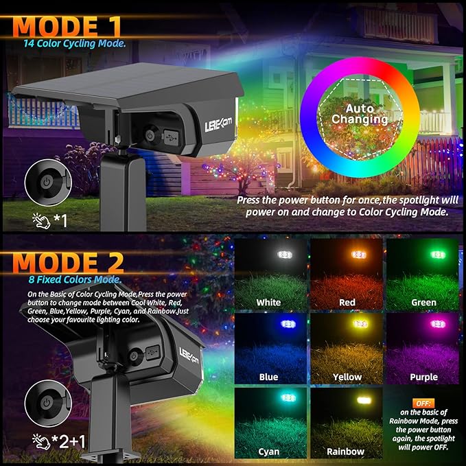 Solar Spotlights Outdoor,40 LEDs Color Changing RGB Landscape Path Lights,USB & Powered Multicoloured Spotlights,14 Colors Auto Cycling for Yard,Garden,2 Pack