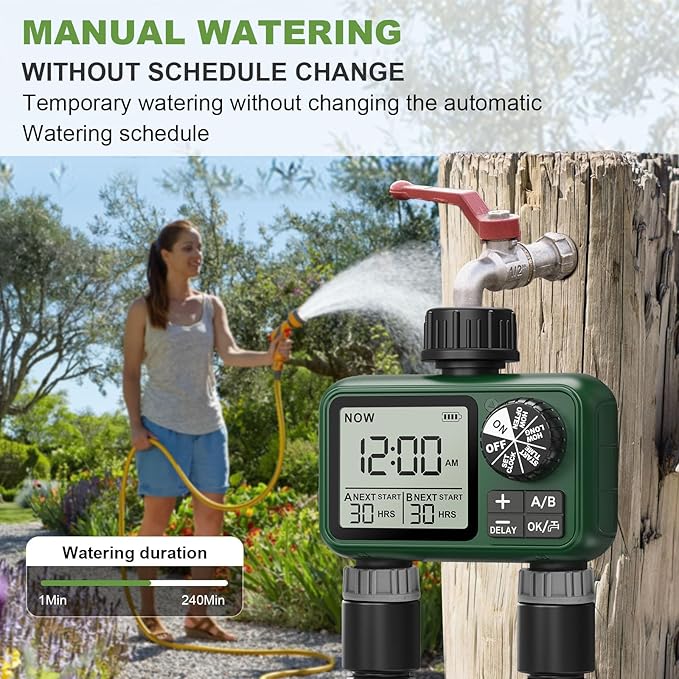 2 Outlet Sprinkler Timer, XinFuture Water Timer, Programmable Garden Hose Timer with Rain Delay, Manual& Automatic Watering System, Waterproof Digital Irrigation Timer for 2 Separate Watering Zones