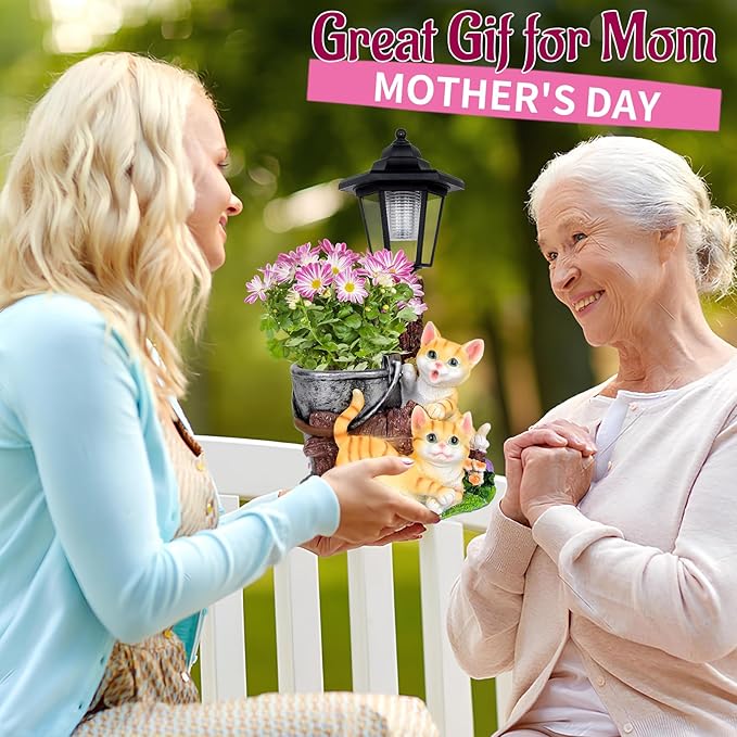 Solar Cat Outdoor Statues, Garden Sculptures with Flowerpot Decor & Solar Lantern for Yard Art Lawn Ornaments Porch Patio Balcony - Idea Gifts for Women Mom Grandma