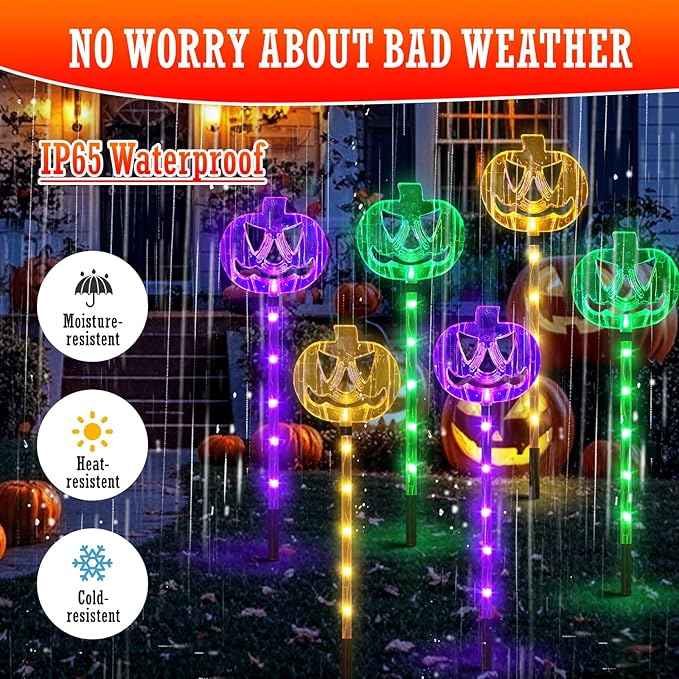 6-Pack Solar Halloween Pumpkin Garden Stake Lights for Halloween Decorations,Solar Halloween Yard Stake Outdoor Waterproof Halloween Lighted Pumpkin Lights for Garden Patio Yard Pathway Grave(6 Pack)