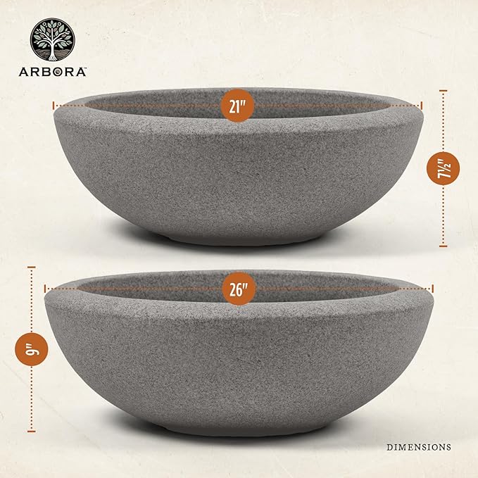 ARBORA 26" Santorini Bowl Polyresin Indoor and Outdoor Planter with Stone Blend Concrete Finish - Durable, Weatherproof, Lightweight, Large Plant Pot for Patio, Garden, Deck, Entryway