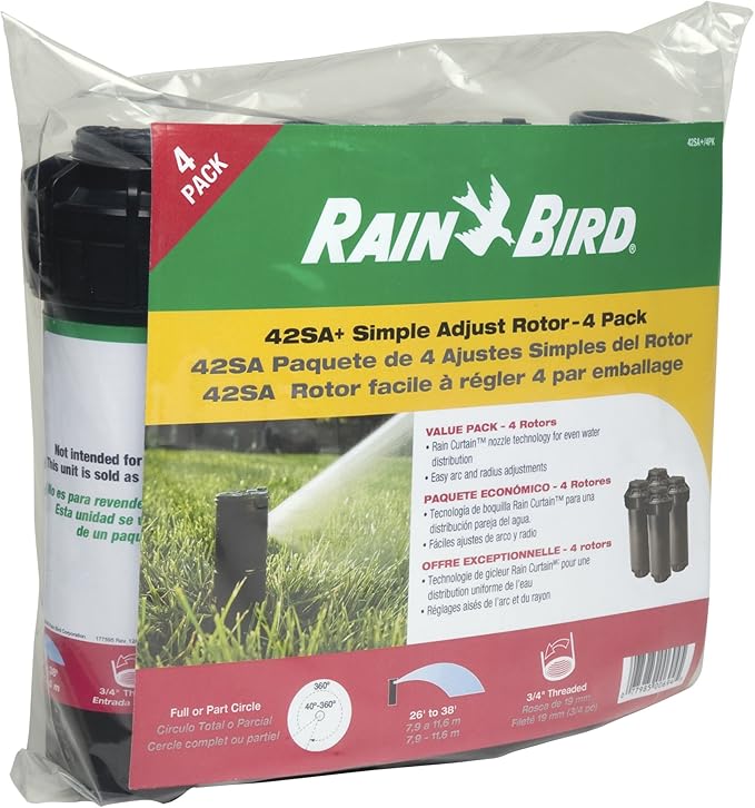 Rain Bird 42SA+/4PK Simple Adjust Gear Drive Rotor, Adjustable 40° - 360° Pattern, 26' - 38' Spray Distance, 4-Pack
