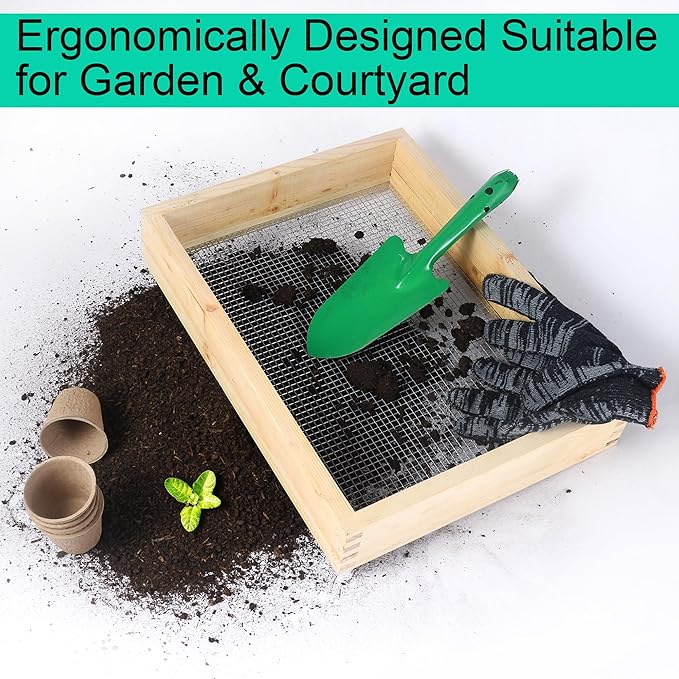 15.74" x 11.81" Soil Sifter - Steel Wire Mesh & Natural Wood Dirt Sifter for Gardening - Compost, Rock, & Dirt Sifter Tool with Gloves and Trowel- Essential Garden Tool for Flower & Vegetable Planting