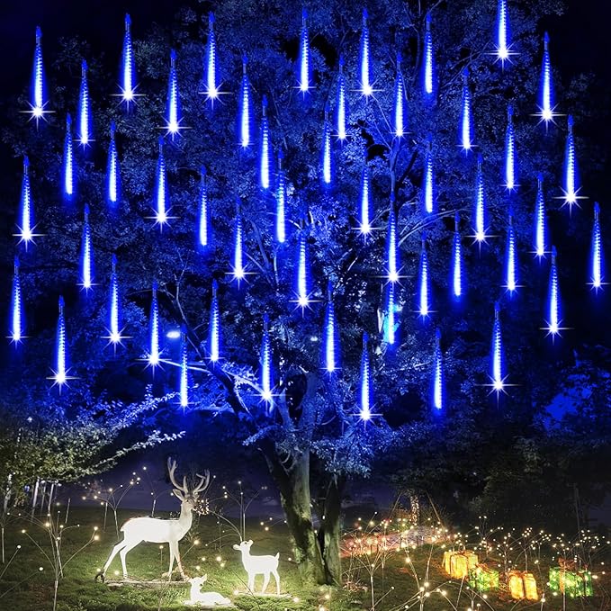 Christmas Meteor Shower Lights Outdoor - 12 Inch 10 Tube 360 LED High Brightness Falling Rain Icicle Cascading Lights for Xmas Tree Roof Eaves Patio Decor