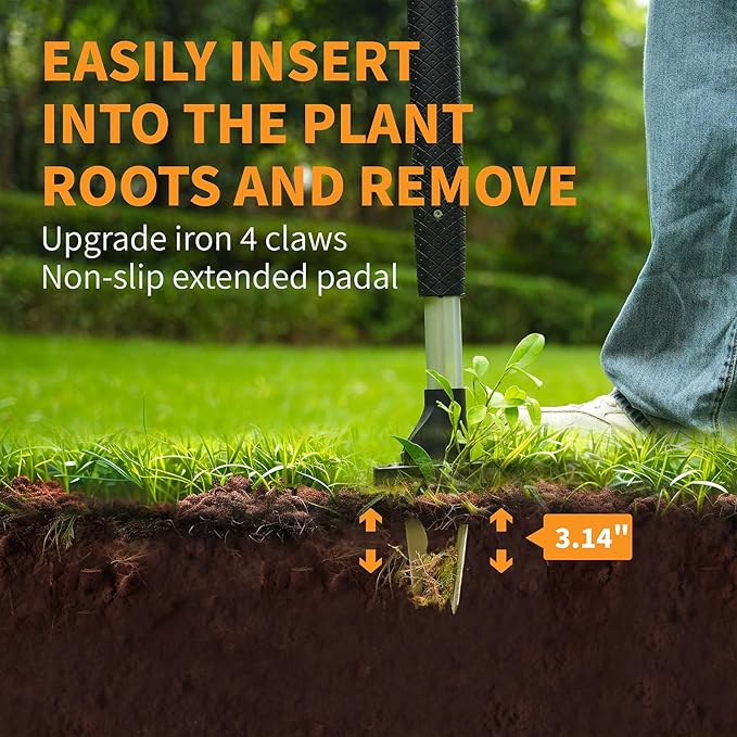 Weed Puller Tool, Gardening Stand-Up Weeder Puller with Ergonomic 39.5" Long Handle and 4 High-Strength Stainless Steel Claws, Easily Weeds Without Bending, Pulling, or Kneeling（Black）