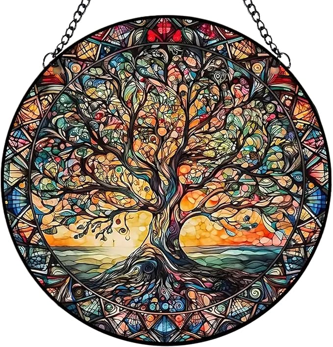 Tree of Life Suncatcher Indoor/Outdoor Stained Glass Window Hanging - Handmade Stained Glass Suncatchers for Windows Hanging - Decoration for Home Garden Christmas Party Wedding Housewarming Gifts