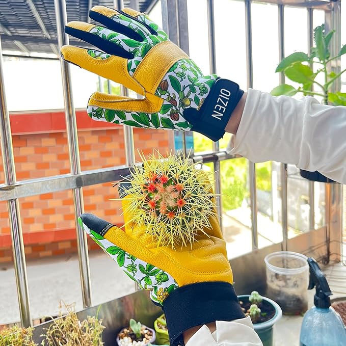Cowhide Leather Thorn Proof & Puncture Resistant Gardening Gloves for Women, Touchscreen Compatible Working Gloves for Weeding, Digging, Planting, Gardening Gifts for Women (Green bellflowers, Medium)