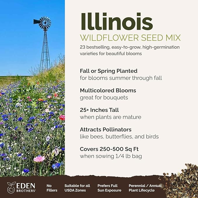 Eden Brothers Illinois Wildflower Mixed Seeds for Planting, 1/4 lb, 120,000+ Seeds with Cosmos, Blanket Flower | Attracts Pollinators, Plant in Spring or Fall, Zones