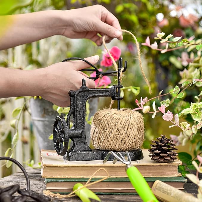 Sungmor Cast Iron Twine Holder and Scissors Set, Vintage Jute Twine Garden String Holder, Decorative Twine Dispenser with Cutter for Crafting, Gardening, Gift Wrapping, Sewing Machine Shape
