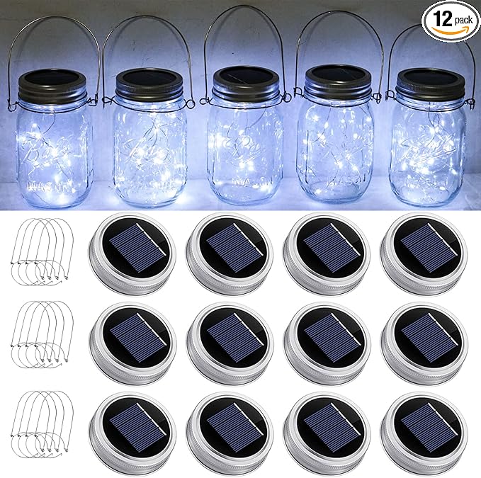 SmilingTown Solar Mason Jar String Light Lids 12 Pack 30 LED Fairy Firefly Inserts Lighting with 12 Hangers Waterproof for Outdoor Tree Patio Lawn Garden Decor, No Jars (Cool White)